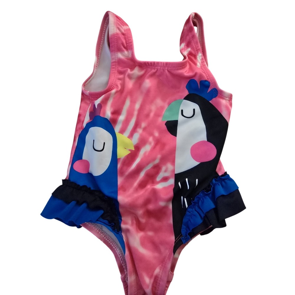 Uppetite Girls 12M Pink Tie-Dye Bird One-Piece Swimsuit‎ Ruffle Trim